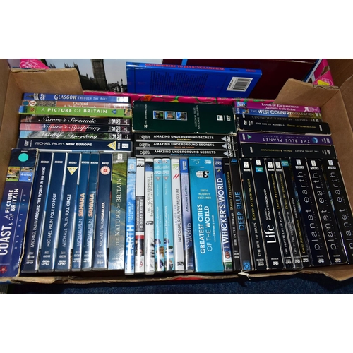 579 - BOOKS, MAPS & DVDS, five boxes containing approximately eighty book titles in hardback and paperback... 