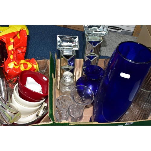 584 - TWO BOXES OF ASSORTED COLOURED GLASSWARE, to include an art glass red controlled bubble dish, a red ... 