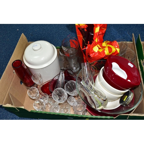 584 - TWO BOXES OF ASSORTED COLOURED GLASSWARE, to include an art glass red controlled bubble dish, a red ... 