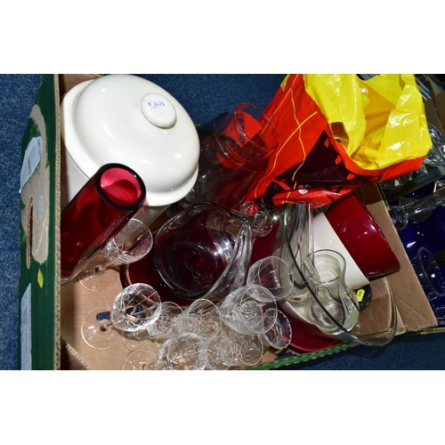 584 - TWO BOXES OF ASSORTED COLOURED GLASSWARE, to include an art glass red controlled bubble dish, a red ... 