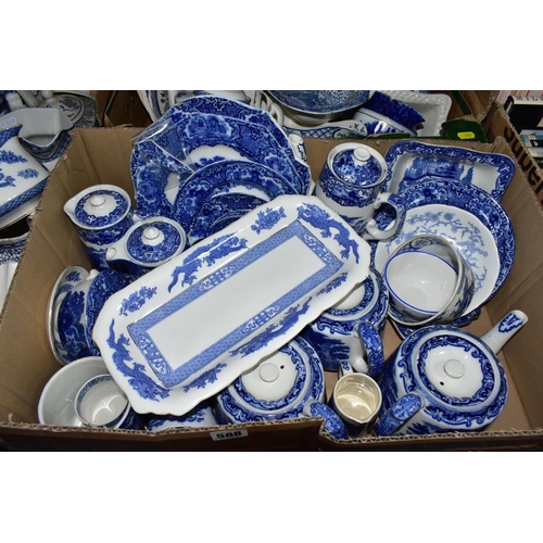 588 - THREE BOXES OF BLUE AND WHITE TEA WARES, to include Wood & Sons 'Yuan' pattern, George Jones & Sons ... 