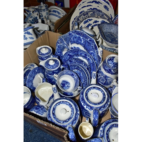 588 - THREE BOXES OF BLUE AND WHITE TEA WARES, to include Wood & Sons 'Yuan' pattern, George Jones & Sons ... 