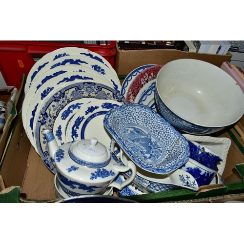 588 - THREE BOXES OF BLUE AND WHITE TEA WARES, to include Wood & Sons 'Yuan' pattern, George Jones & Sons ... 