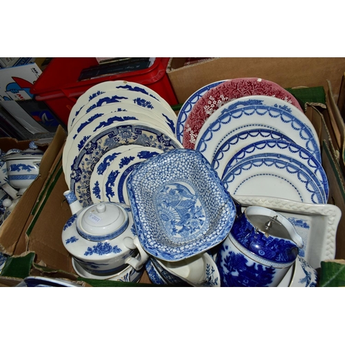 588 - THREE BOXES OF BLUE AND WHITE TEA WARES, to include Wood & Sons 'Yuan' pattern, George Jones & Sons ... 