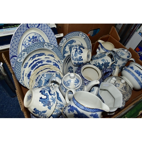 588 - THREE BOXES OF BLUE AND WHITE TEA WARES, to include Wood & Sons 'Yuan' pattern, George Jones & Sons ... 