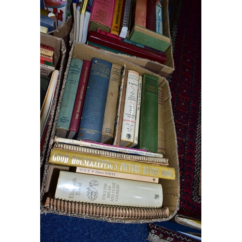 594 - COOKERY & BAKING BOOKS, six boxes containing approximately 90 - 95 titles in hardback and paperback ... 