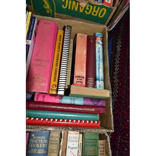 594 - COOKERY & BAKING BOOKS, six boxes containing approximately 90 - 95 titles in hardback and paperback ... 