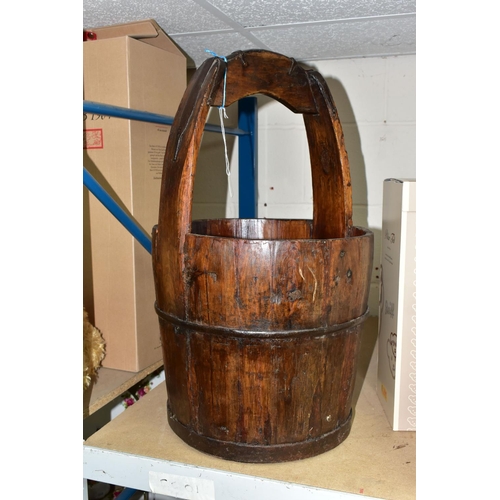 598 - AN IRON BANDED WOODEN PAIL, having a fixed handle, approximate height 59cm