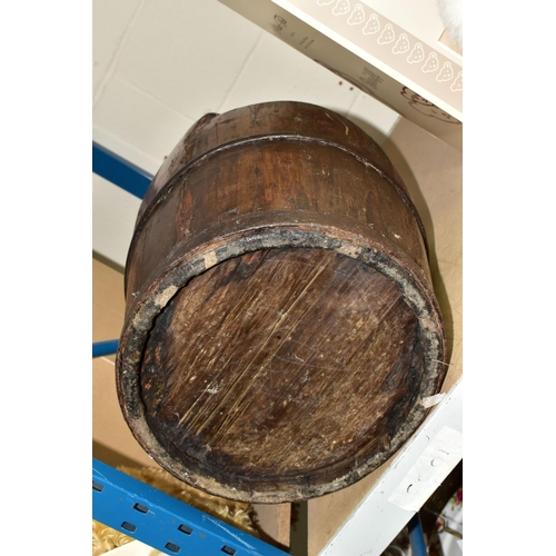 598 - AN IRON BANDED WOODEN PAIL, having a fixed handle, approximate height 59cm