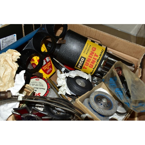 602 - A BOX OF ASSORTED SPARE CAR RELATED AND MODEL CAR SPARE PARTS ETC, to include an unused Peco exhaust... 