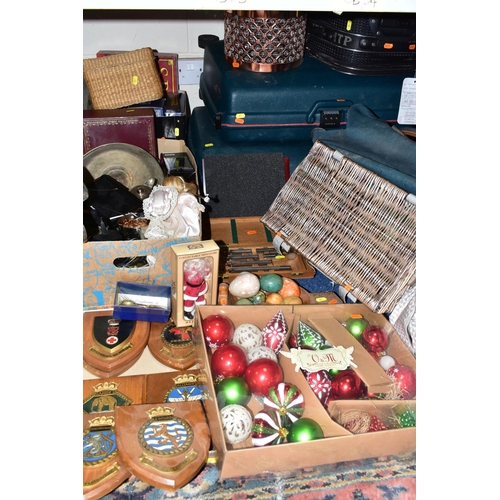 603 - TWO BOXES AND LOOSE SUNDRY ITEMS ETC, to include Naval plaques - Dartmouth Naval college, HMS Tabard... 