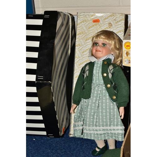 604 - FOUR BOXED ALBERON COLLECTORS DOLLS, together with a Seymour Mann collectors doll (one Alberon doll ... 