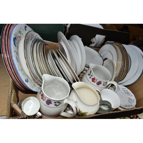 612 - THREE BOXES OF ASSORTED TEA AND DINNER WARES ETC, to include 'Old Colonial' part dinner service, Roy... 