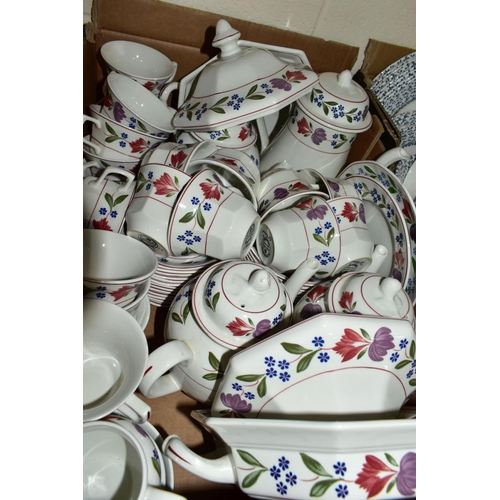 612 - THREE BOXES OF ASSORTED TEA AND DINNER WARES ETC, to include 'Old Colonial' part dinner service, Roy... 