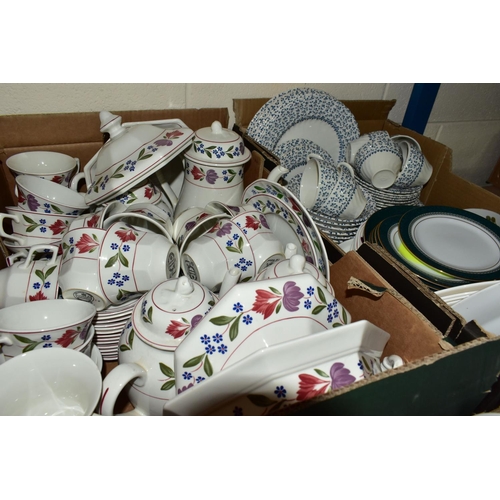 612 - THREE BOXES OF ASSORTED TEA AND DINNER WARES ETC, to include 'Old Colonial' part dinner service, Roy... 