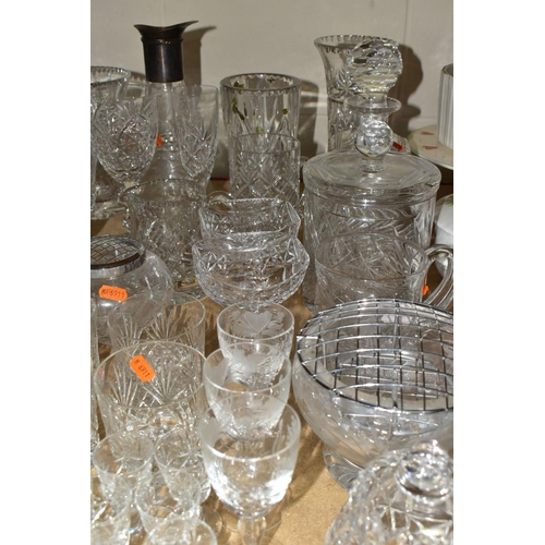 620 - A QUANTITY OF CUT GLASS ITEMS ETC, to include a John Walsh Walsh storage jar with lid, a pair of Web... 