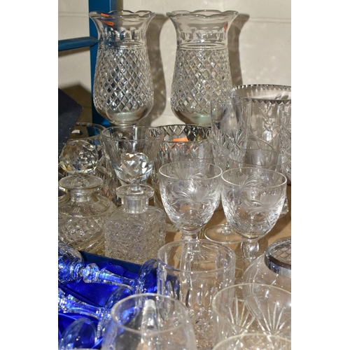 620 - A QUANTITY OF CUT GLASS ITEMS ETC, to include a John Walsh Walsh storage jar with lid, a pair of Web... 