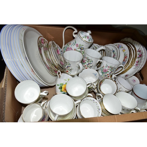 621 - THREE BOXES OF ASSORTED TEA AND DINNER WARES, to include Aynsley 'Pembroke' teapot and six mugs, Roy... 