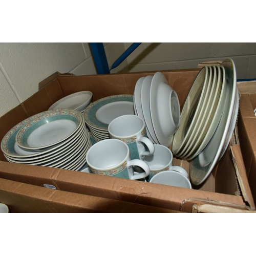 621 - THREE BOXES OF ASSORTED TEA AND DINNER WARES, to include Aynsley 'Pembroke' teapot and six mugs, Roy... 