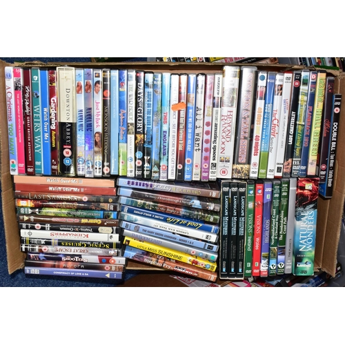 623 - DVDS, four boxes containing a large collection of over 325 miscellaneous titles featuring major feat... 