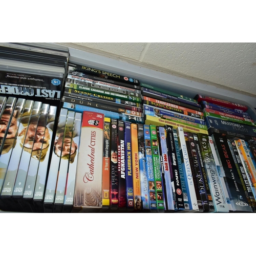 623 - DVDS, four boxes containing a large collection of over 325 miscellaneous titles featuring major feat... 