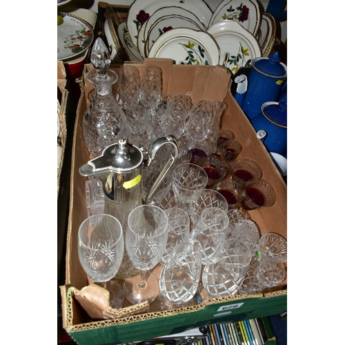 628 - TWO BOXES OF CUT CRYSTAL AND CERAMICS, to include a set of Webb Corbett wine glasses, decanter and s... 