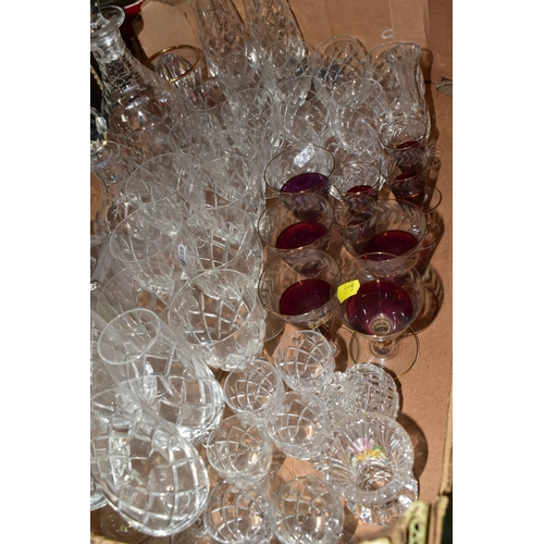 628 - TWO BOXES OF CUT CRYSTAL AND CERAMICS, to include a set of Webb Corbett wine glasses, decanter and s... 