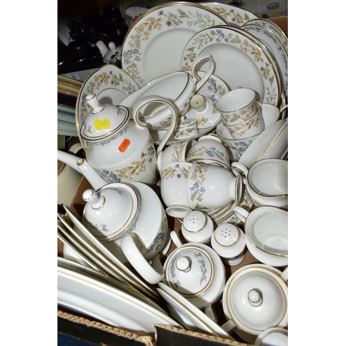 629 - THREE BOXES OF CERAMICS AND TEAWARES, to include a Royal Grafton 'Canterbury' pattern part dinner se... 