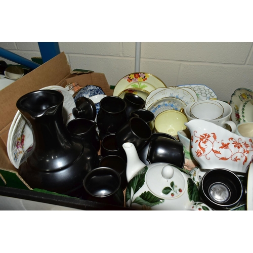 629 - THREE BOXES OF CERAMICS AND TEAWARES, to include a Royal Grafton 'Canterbury' pattern part dinner se... 