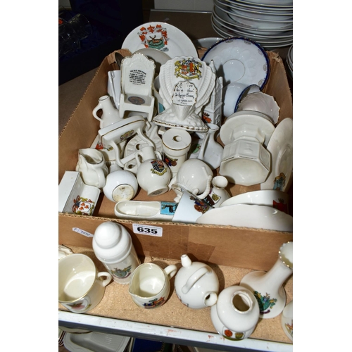 635 - ONE BOX OF ASSORTED CRESTED WARE, to include A&S,  W.H.Goss, Albion, Swan, in varying forms; jugs, v... 