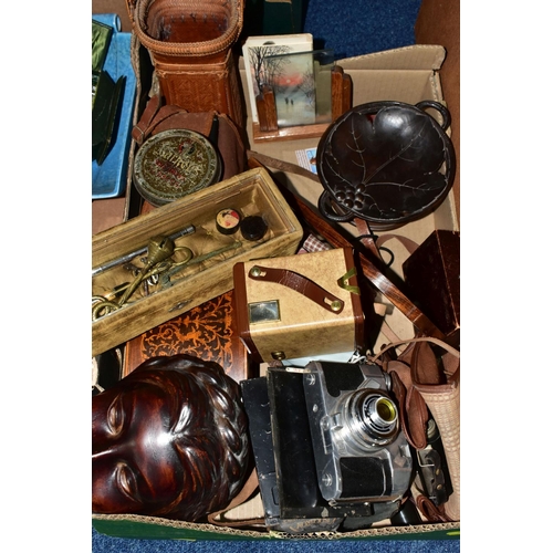 639 - THREE BOXES OF TREEN, VINTAGE CAMERAS TOGETHER WITH A QUANTITY OF AIRFORCE/AIRCRAFT RELATED BOOKS, t... 