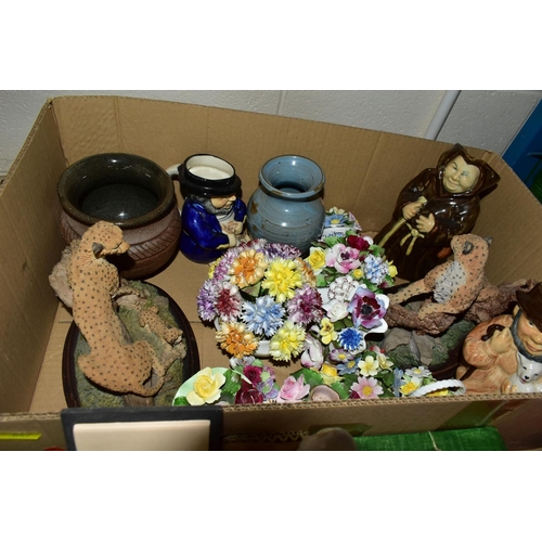 647 - THREE BOXES AND LOOSE CERAMICS, ORNAMENTS AND SUNDRY ITEMS, to include five boxed oriental sets of c... 