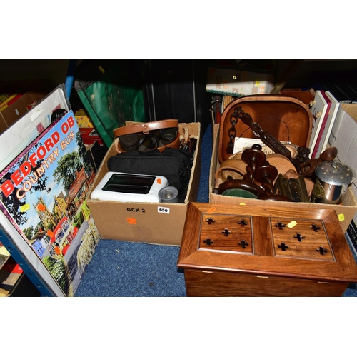 650 - THREE BOXES AND LOOSE TREEN, METALWARES AND SUNDRY ITEMS, to include an E Thomas and Williams Ltd mi... 