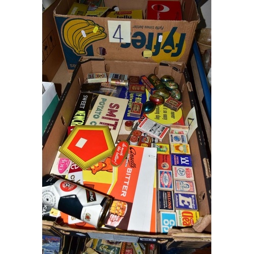 654 - TWO BOXES OF VINTAGE ADVERTISING AND PACKAGING, to include Clarks Attackers and Mitre football boot ... 