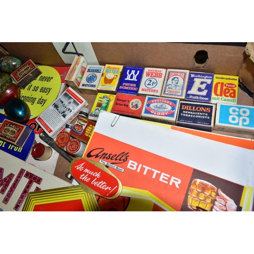 654 - TWO BOXES OF VINTAGE ADVERTISING AND PACKAGING, to include Clarks Attackers and Mitre football boot ... 