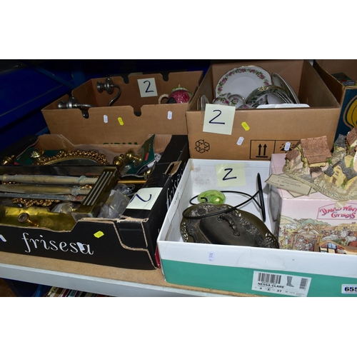 655 - FOUR BOXES OF CERAMICS, METALWARES AND SUNDRY ITEMS, to include five pressed glass oil lamps, a five... 