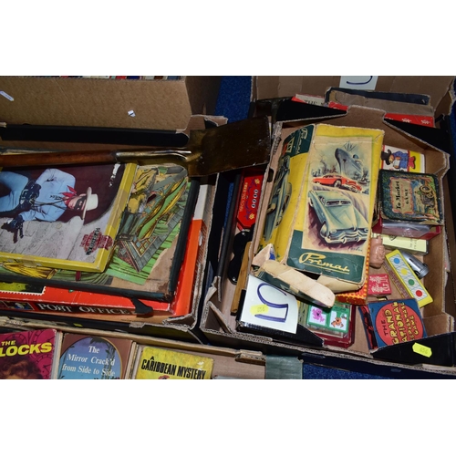 656 - A QUANTITY OF ASSORTED VINTAGE TOYS, ANNUALS AND BOOKS, to include Waddington's Ideal Home Kit, Chad... 