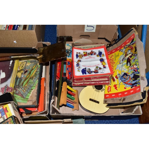 656 - A QUANTITY OF ASSORTED VINTAGE TOYS, ANNUALS AND BOOKS, to include Waddington's Ideal Home Kit, Chad... 