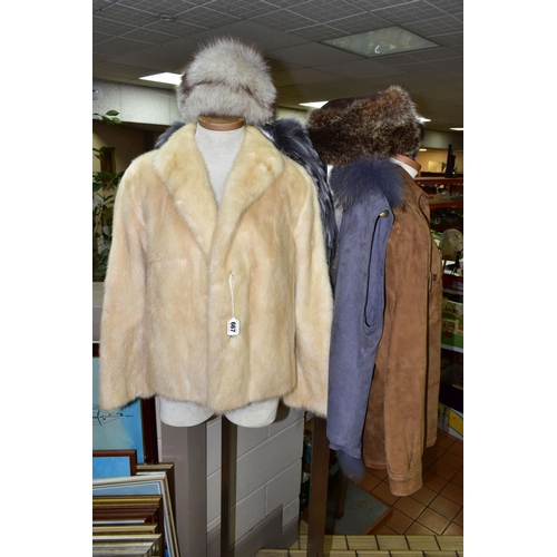 667 - A BOX AND LOOSE FUR ITEMS AND OTHER CLOTHING, comprising a blonde fur jacket, length 66cm approximat... 