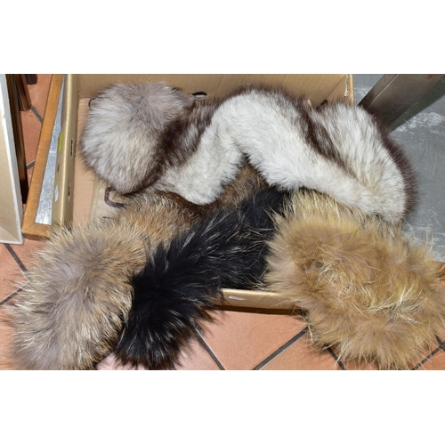 667 - A BOX AND LOOSE FUR ITEMS AND OTHER CLOTHING, comprising a blonde fur jacket, length 66cm approximat... 