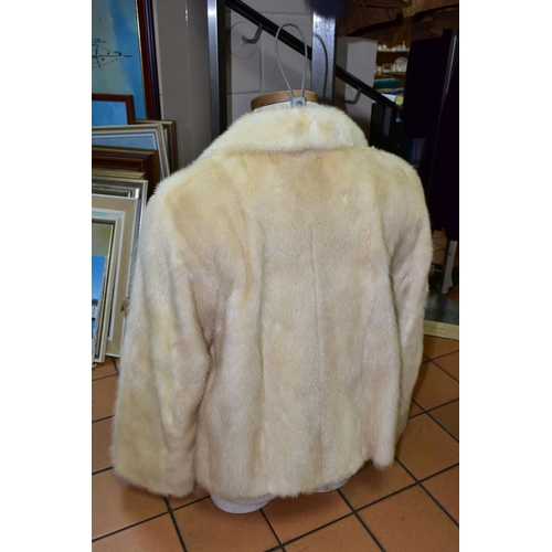 667 - A BOX AND LOOSE FUR ITEMS AND OTHER CLOTHING, comprising a blonde fur jacket, length 66cm approximat... 