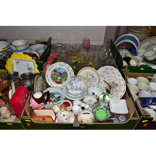 672 - SIX BOXES OF ASSORTED CERAMICS AND GLASSWARE, to include three pewter tankards, mugs, tea wares, two... 