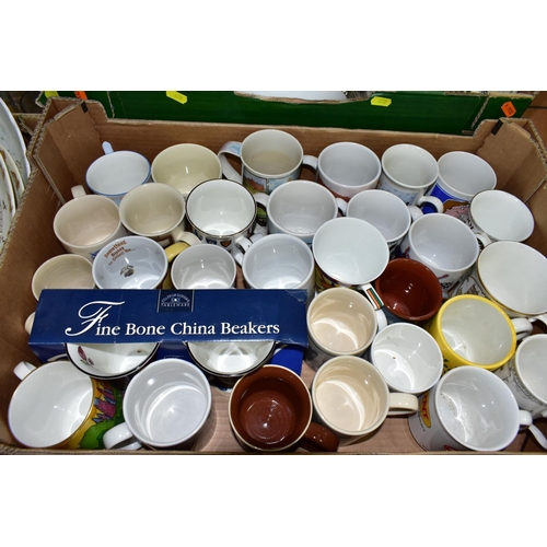 672 - SIX BOXES OF ASSORTED CERAMICS AND GLASSWARE, to include three pewter tankards, mugs, tea wares, two... 