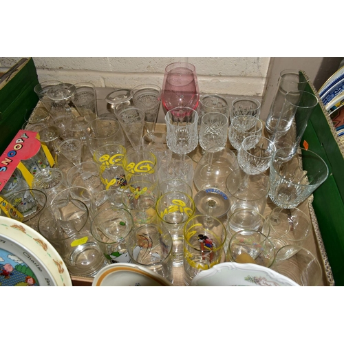 672 - SIX BOXES OF ASSORTED CERAMICS AND GLASSWARE, to include three pewter tankards, mugs, tea wares, two... 