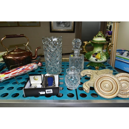 683 - A GROUP OF GLASS, METAL WARES, CERAMICS AND SUNDRY ITEMS, comprising three Silver Scenes plated mini... 