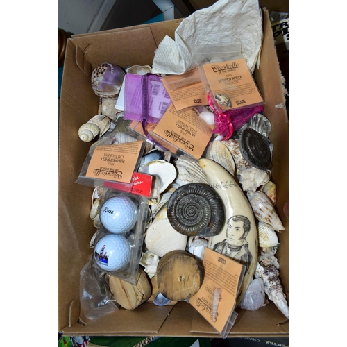 685 - SIX BOXES OF SUNDRY ITEMS, to include a part set of brass apothecary scales, with Scruple, Drachms a... 