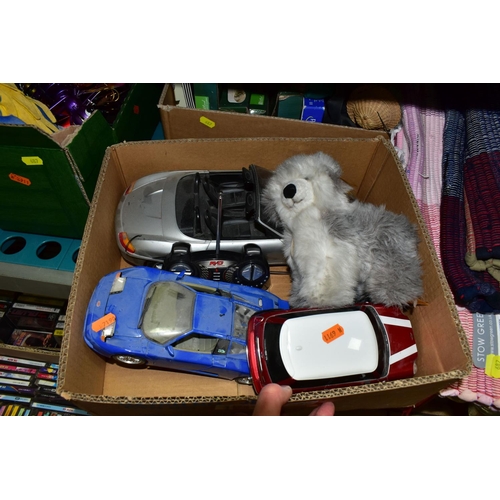 687 - THREE BOXES AND LOOSE TOYS, GAMES AND SUNDRY ITEMS, to include a remote control Porsche Boxter, a 1/... 