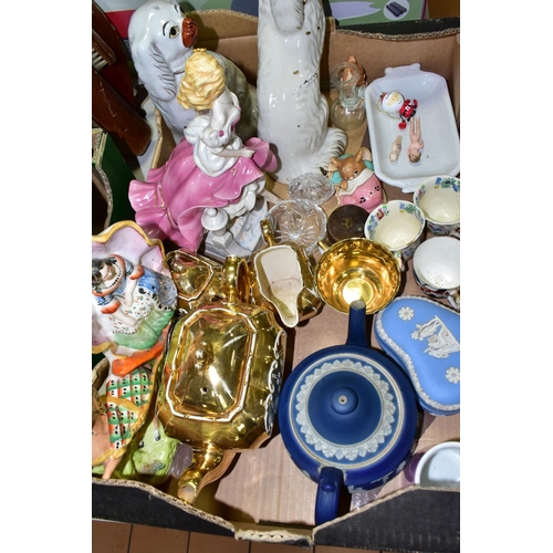 694 - TWO BOXES AND LOOSE CERAMICS, GLASS AND SUNDRY ITEMS, to include a late nineteenth century cast iron... 