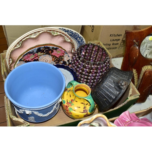 694 - TWO BOXES AND LOOSE CERAMICS, GLASS AND SUNDRY ITEMS, to include a late nineteenth century cast iron... 