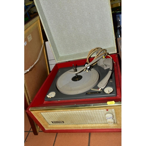 695 - TWO BOXES AND LOOSE RECORD PLAYER, BOOKS, PICTURES AND SUNDRY ITEMS, to include a Dansette portable ... 